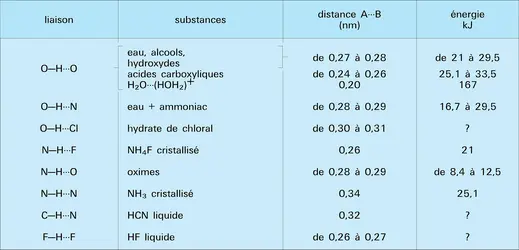 Liaisons hydrogènes : caractéristiques - crédits : Encyclopædia Universalis France