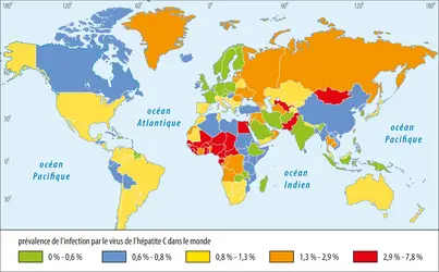 Distribution géographique de la prévalence du VHC - crédits : Encyclopædia Universalis France