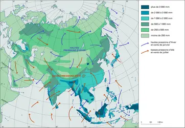 Asie : précipitations et vents - crédits : Encyclopædia Universalis France