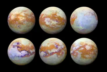 Surface de Titan dans le proche infrarouge - crédits : NASA/ JPL-Caltech/ University of Nantes/ University of Arizona