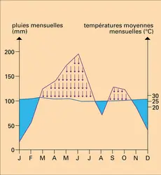 Diagramme ombrothermique d'une savane tropicale - crédits : Encyclopædia Universalis France