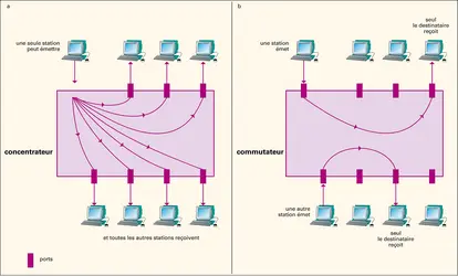 Réseaux informatiques : concentrateur et commutateur - crédits : Encyclopædia Universalis France