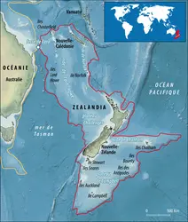 Continent Zealandia - crédits : surcharges : Encyclopædia Universalis France ; fond de carte : GEBCO-2014/ Bathymetric data viewer/ NOAA