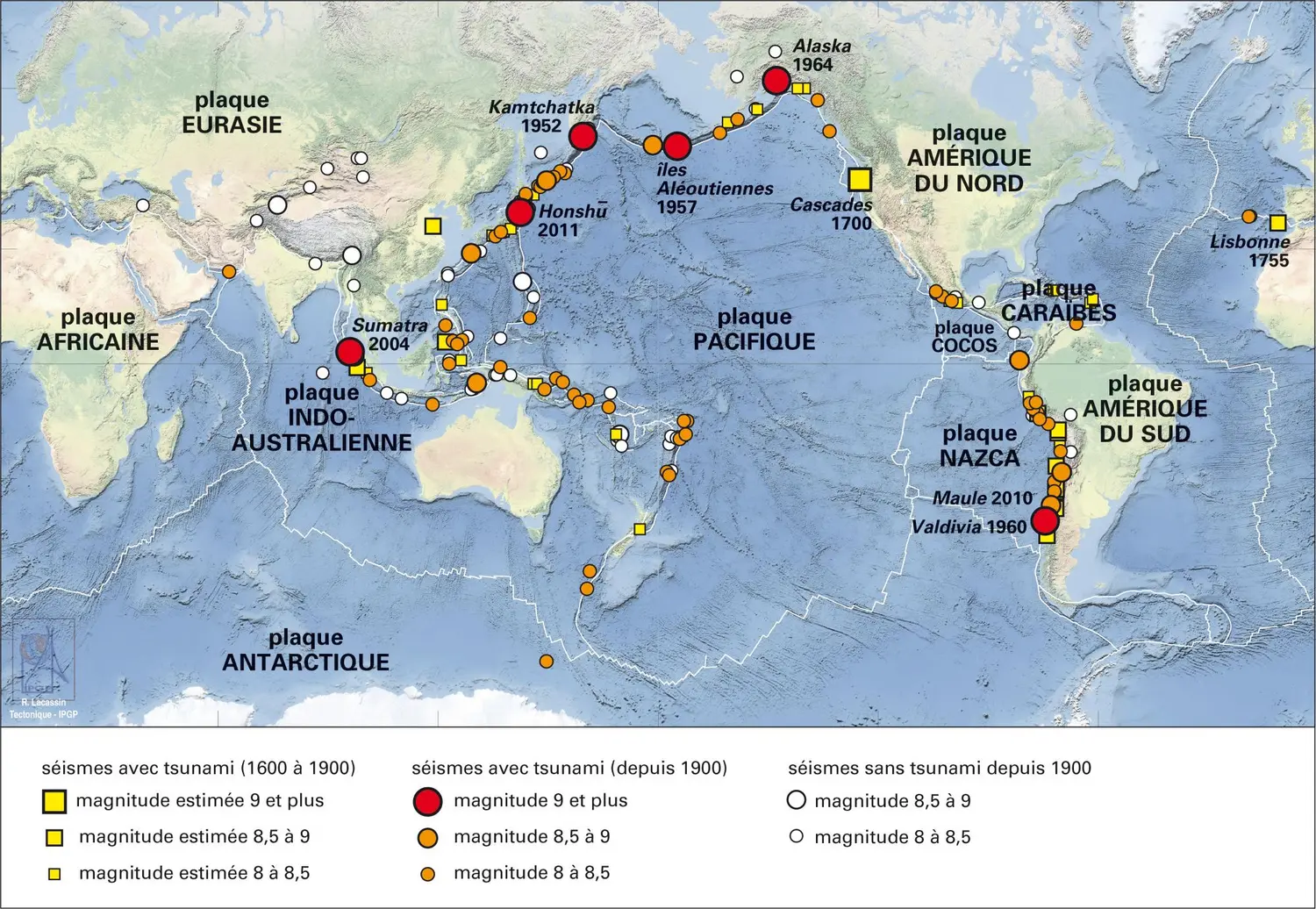 Carte des grands séismes et tsunamis (depuis 1600)