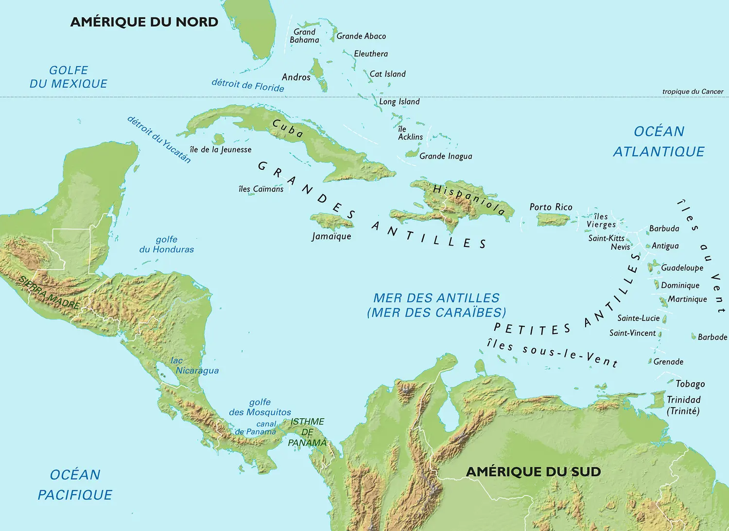 Amérique centrale et Caraïbes : carte physique