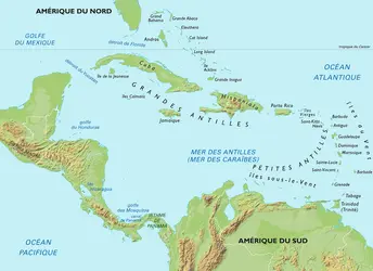 Amérique centrale et Caraïbes : carte physique - crédits : Encyclopædia Universalis France
