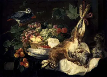 <it>Nature morte avec lièvre, fruit et perroquet</it>, J. Fyt - crédits :  Bridgeman Images 