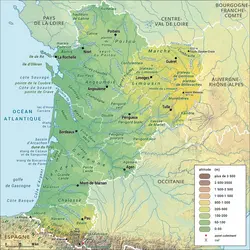 Nouvelle-Aquitaine : carte physique - crédits : Encyclopædia Universalis France