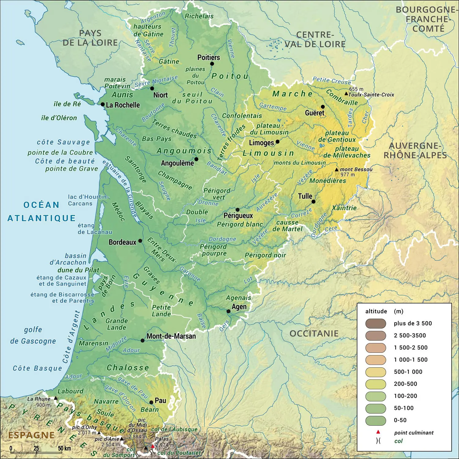 Nouvelle-Aquitaine : carte physique