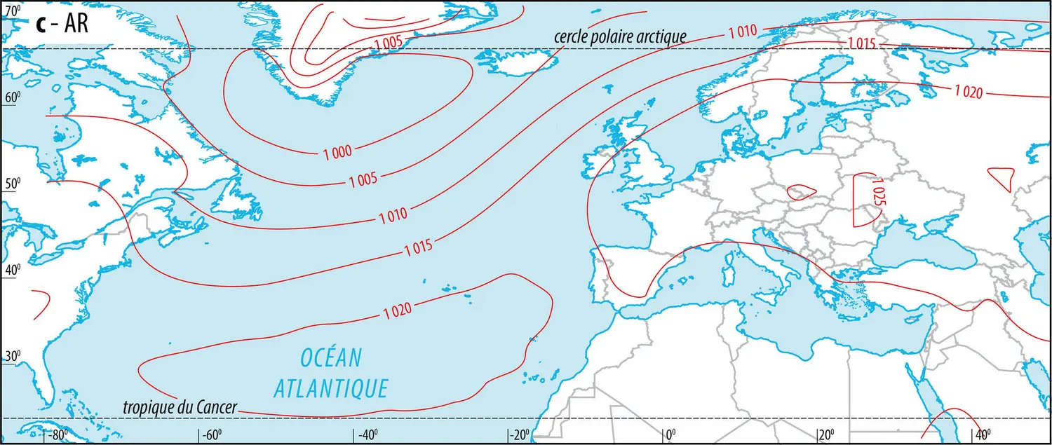 <p>	Cartes de pression dans l'Atlantique nord en hiver - vue 3</p>