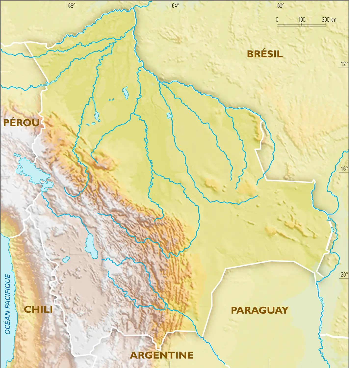 Bolivie : carte physique vierge