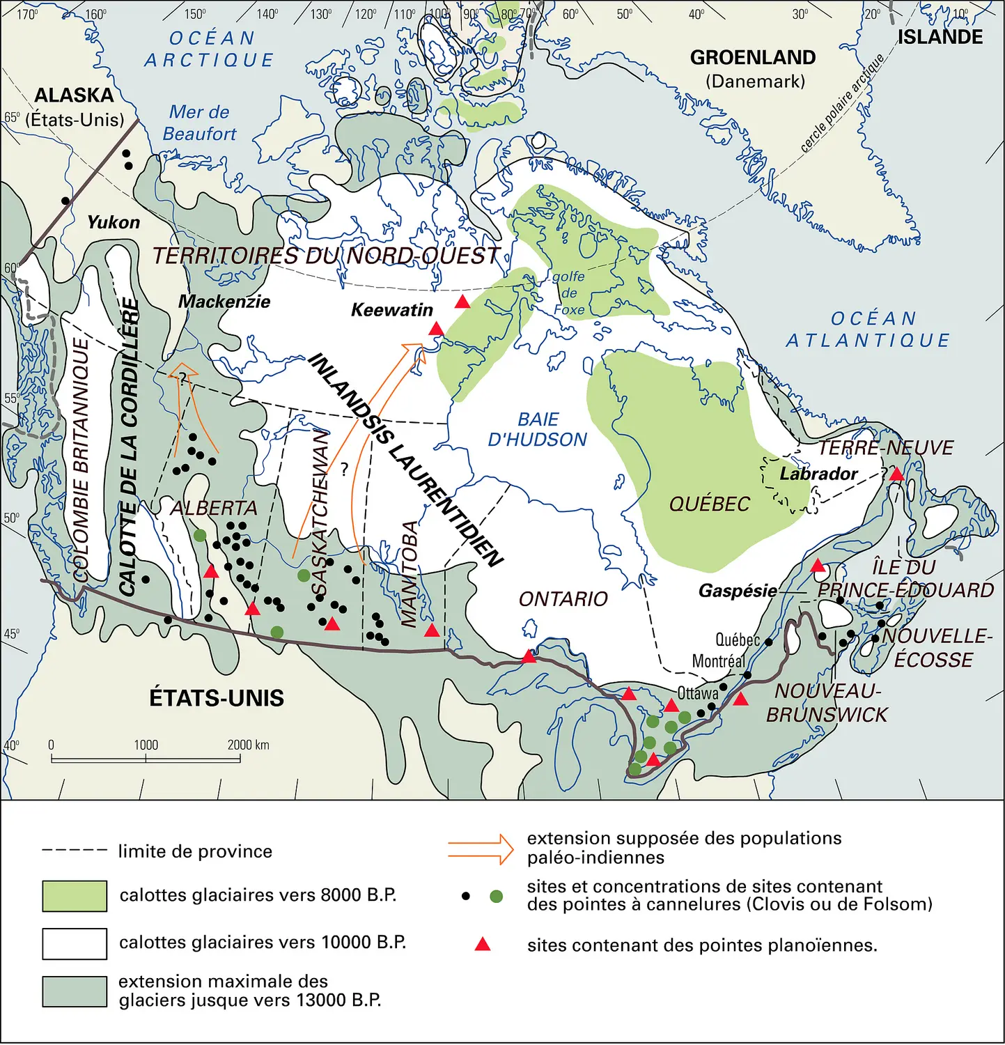 Canada préhistorique: extension des calottes glacières et sites paléo-indiens