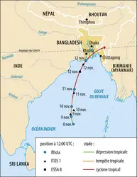 Trajectoire suivie par le centre du cyclone de Bhola entre le 8 et le 12 novembre 1970 - crédits : Encyclopædia Universalis France