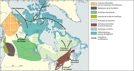 Amérique : les cultures de la Cordillère, l'Archaïque et le Paléo-Esquimau entre 6000 et 3000 B.P. - crédits : Encyclopædia Universalis France