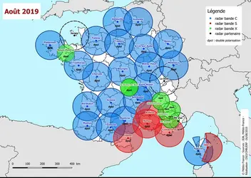 Le réseau des radars météorologiques de Météo-France métropole (situation au 1<sup>er</sup> septembre 2019) - crédits : Méteo-France