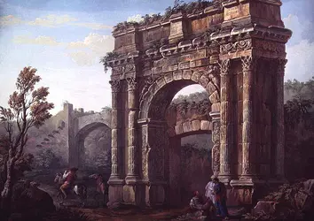 Paysans près de l'arc de Sergius à Poia, C. L. Clérisseau - crédits :  Bridgeman Images 