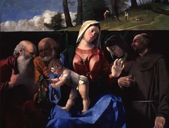 <it>La Vierge à l'Enfant avec saint Jérôme, saint Pierre, sainte Claire (?) et saint François</it>, L. Lotto - crédits :  Bridgeman Images 