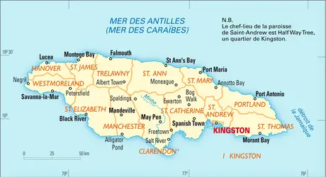 Jamaïque : carte administrative - crédits : Encyclopædia Universalis France