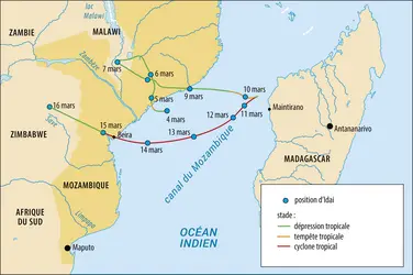 Trajectoire et intensité du cyclone tropical Idai - crédits : Encyclopædia Universalis France