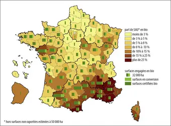 Répartition régionale des surfaces engagées en « bio » - crédits : Agence BIO/OC, 2020 ; Agreste/SAA, 2019