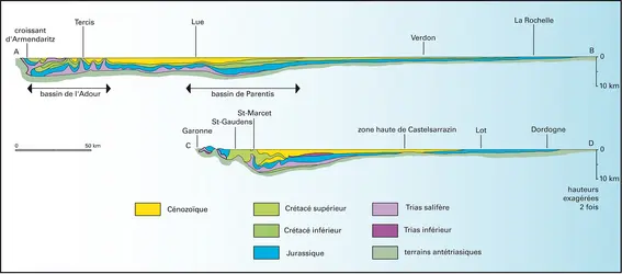 Bassin d'Aquitaine : coupes simplifiées - crédits : Encyclopædia Universalis France