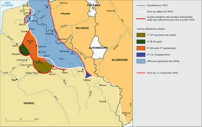 Première Guerre mondiale, offensives allemandes et contre-offensives en 1918 - crédits : Encyclopædia Universalis France