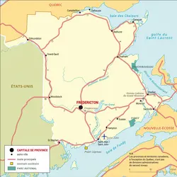 Nouveau-Brunswick : carte administrative - crédits : Encyclopædia Universalis France
