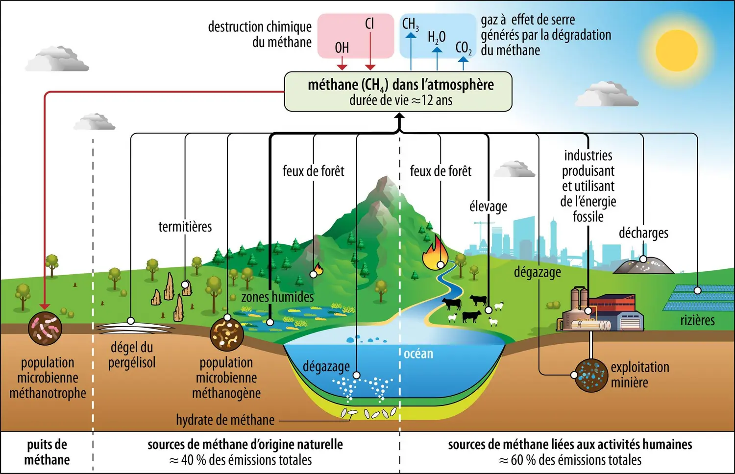 Représentation schématique du cycle de vie du méthane