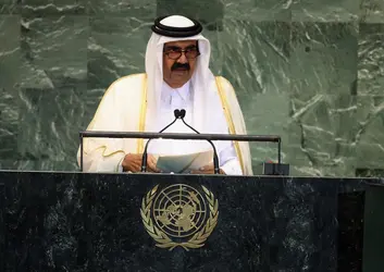 L'émir du Qatar Hamad ben Khalifa al-Thani à l'O.N.U., en septembre 2012 - crédits : John Moore/ Getty Images News/ AFP