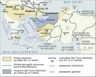 Empire byzantin, XIV<sup>e</sup>-XV<sup>e</sup> siècle - crédits : Encyclopædia Universalis France