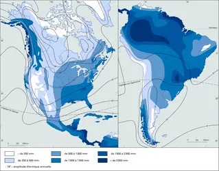 Amérique : précipitations et amplitudes thermiques - crédits : Encyclopædia Universalis France