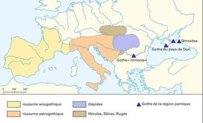 Territoire des Germains orientaux durant le haut Moyen Âge - crédits : Encyclopædia Universalis France