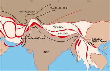 Sutures ophiolitiques entre Paléo-Eurasie et Inde - crédits : Encyclopædia Universalis France