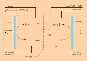 Déplacement d'électrons et ions dans un électrolyseur - crédits : Encyclopædia Universalis France