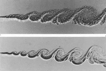 Turbulences en fonction du nombre de Reynolds - crédits : G. L. Brown, A. L. Roshko, California Institute of Technology, Pasadena, Californie