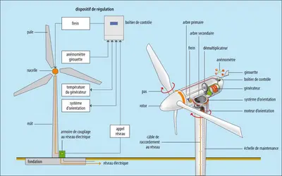 Schémas simplifiés d’un aérogénérateur - crédits : Studio BKK/ shutterstock ; adaptation et traduction : :Encyclopædia Universalis France
