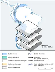 Cartes paléogéographiques simplifiées de l'Amérique du Sud - crédits : Encyclopædia Universalis France