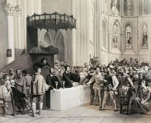 <em>Calvin refuse la Cène aux libertins</em>, Jean-Léonard Lugardon, 1859 - crédits : G. Dagli Orti/ De Agostini/ Getty Images