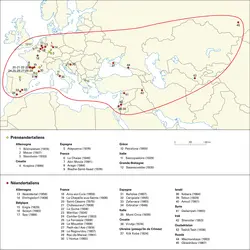 Prénéandertaliens et Néandertaliens : principaux gisements - crédits : Encyclopædia Universalis France