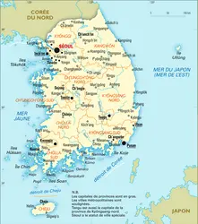 Corée du Sud : carte administrative - crédits : Encyclopædia Universalis France