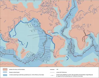 Dorsales médio-océaniques et âge du fond des océans - crédits : Encyclopædia Universalis France