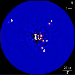 L’étoile HR 8799 et ses exoplanètes - crédits : Conseil national de recherches du Canada, C. Marois & Keck Observatory