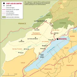 Neuchâtel : carte administrative du canton - crédits : Encyclopædia Universalis France