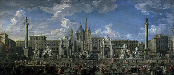 <it>Préparatifs des feux d'artifice en l'honneur de la naissance du Dauphin, Piazza Navona, Rome</it>, G. P. Pannini - crédits : Peter Willi/  Bridgeman Images 