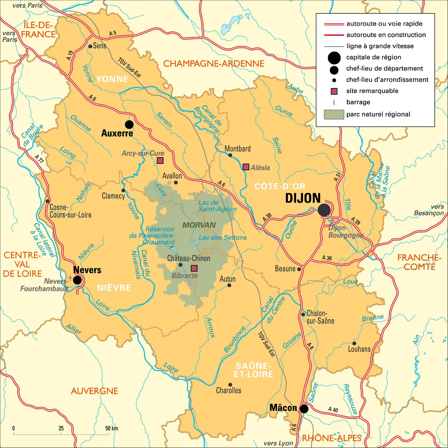 Bourgogne : carte administrative&nbsp;avant réforme