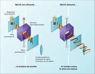 Photographie numérique : principe de fonctionnement d'un élément du MLVA (<it>micro light valve array</it>) - crédits : Encyclopædia Universalis France