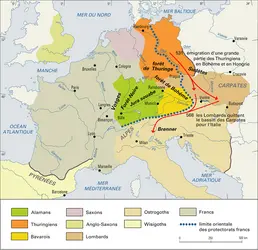 Royaumes germaniques, seconde moitié du VIe siècle - crédits : Encyclopædia Universalis France