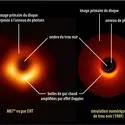 Première image d’un trou noir et simulation - crédits : à gauche : Event Horizon Telescope Collaboration/ ESO ; à droite : J.-A. Marck et J.-P. Luminet 