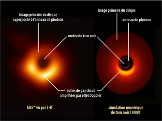 Première image d’un trou noir et simulation - crédits : à gauche : Event Horizon Telescope Collaboration/ ESO ; à droite : J.-A. Marck et J.-P. Luminet 