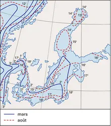 Baltique : températures moyennes de l'eau en surface - crédits : Encyclopædia Universalis France